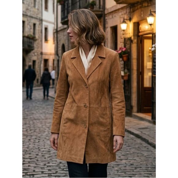 Bernardo Jackets & Blazers - Take 50% OFF- Bernardo Genuine Leather Suede Trench Coat in Tan, Size-L